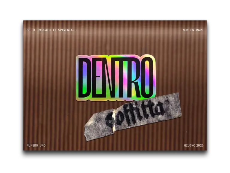 Cover of the Attic issue: a holographic DENTRO sticker and paper tape on corrugated cardboard